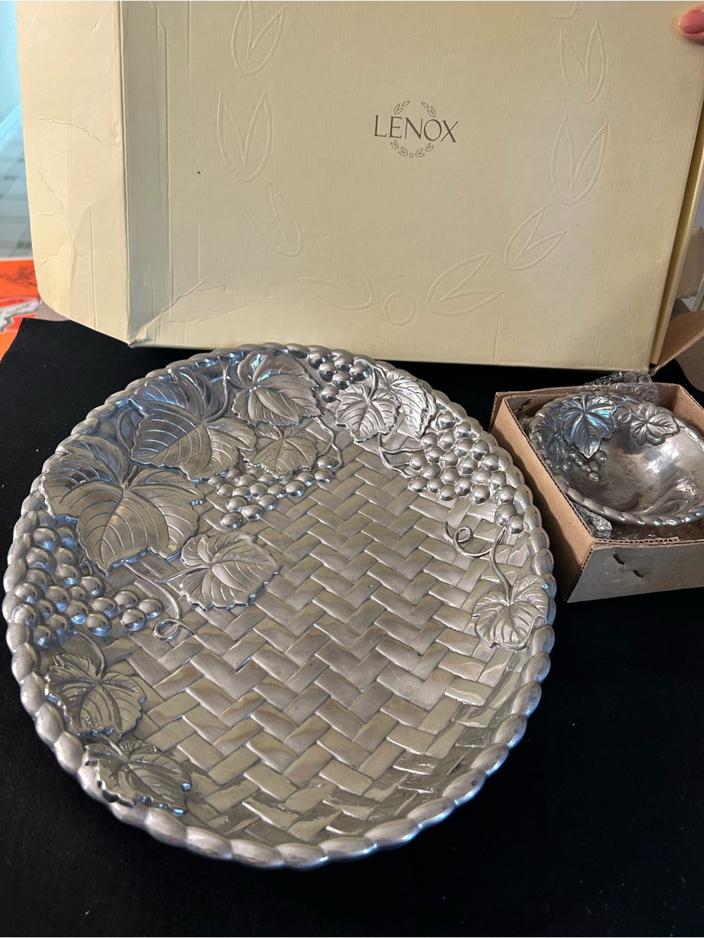 Lenox Silver-Tone Embossed Grape & Basketweave tray with small dip bowl
